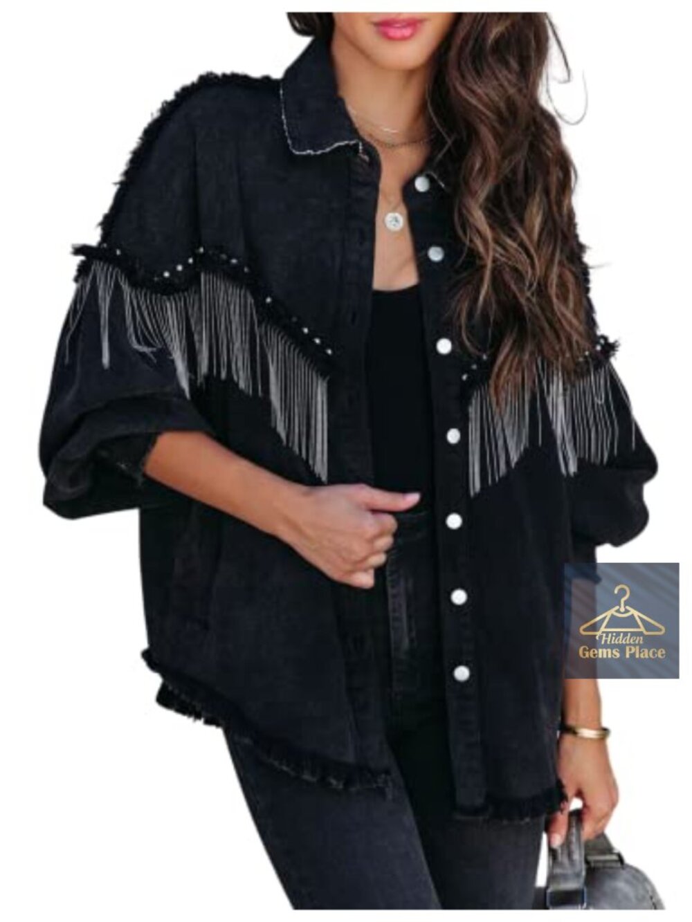 Oversized Fringe Denim Jacket Sparkly Tassel Western Coat